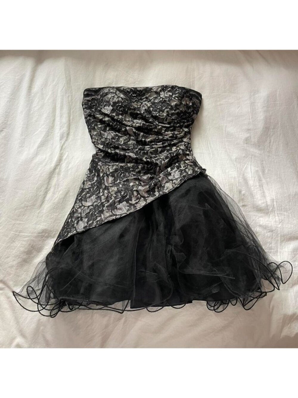 Lacy strapless tutu black mini dress